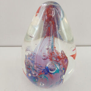 Art Glass Hand Blown Paperweight Teardrop Shape w/ Fish Blue Red Swirl Decor 4"